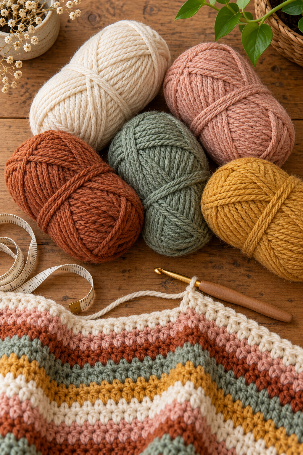 Yarn, crochet hook and measuring tape for general blanket planning