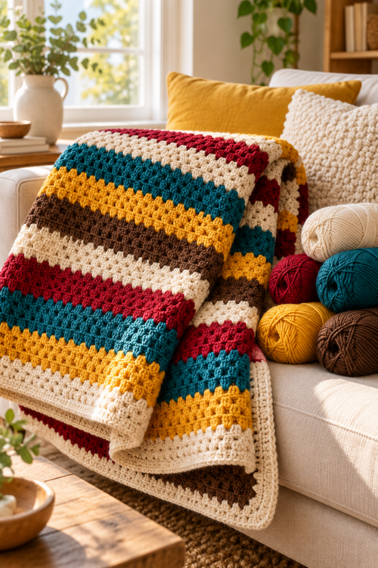 Striped crochet blanket with coordinated yarn in a bright room