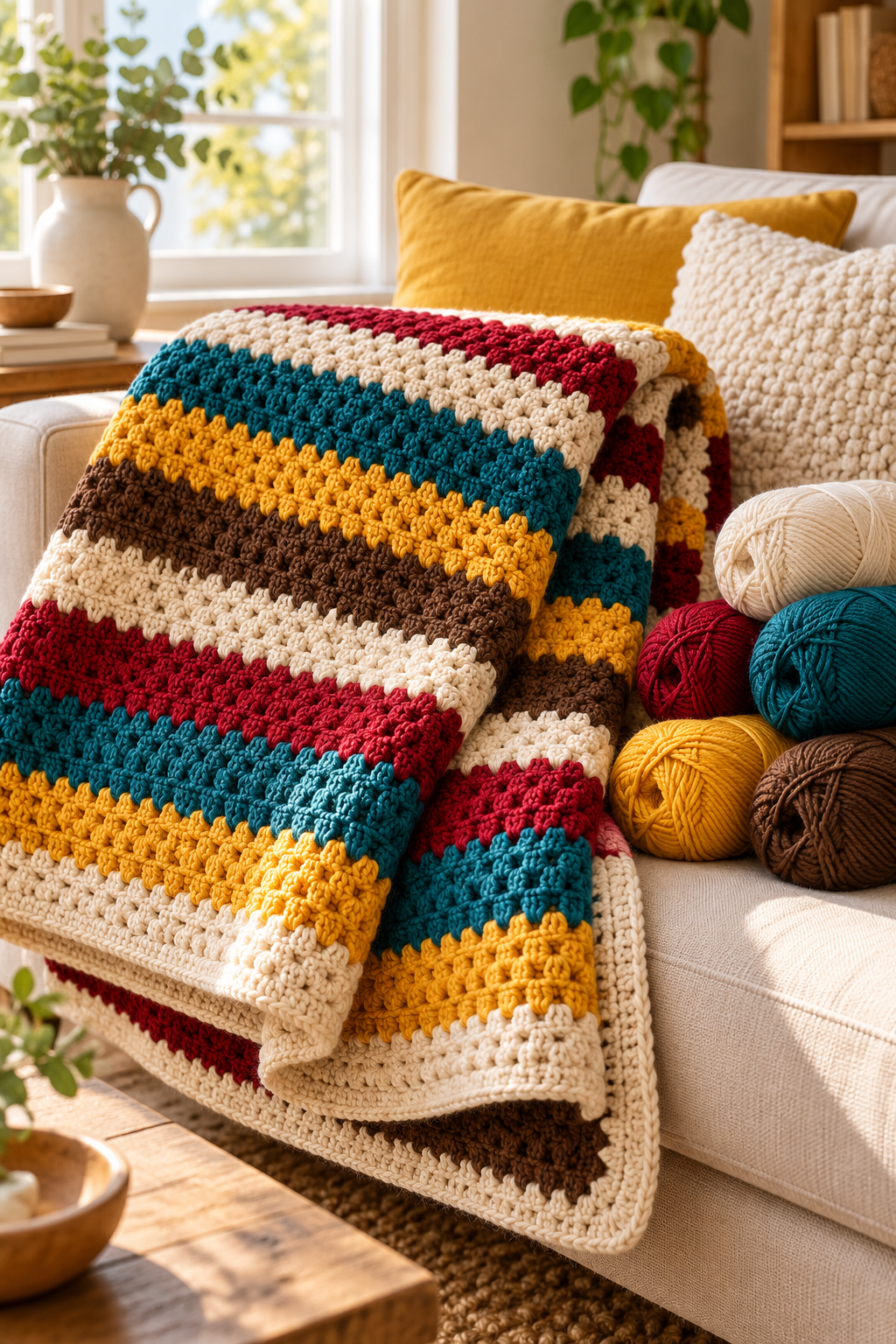 Striped crochet blanket with coordinated yarn in a bright room