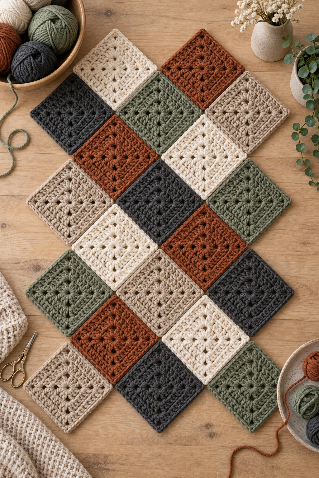Joined crochet blanket squares for a modern herringbone baby blanket