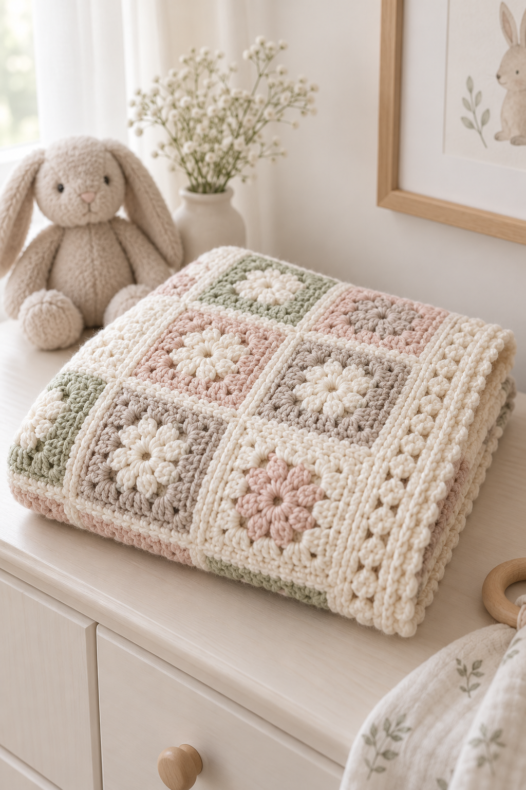 Finished joined-square crochet baby blanket with tidy edge