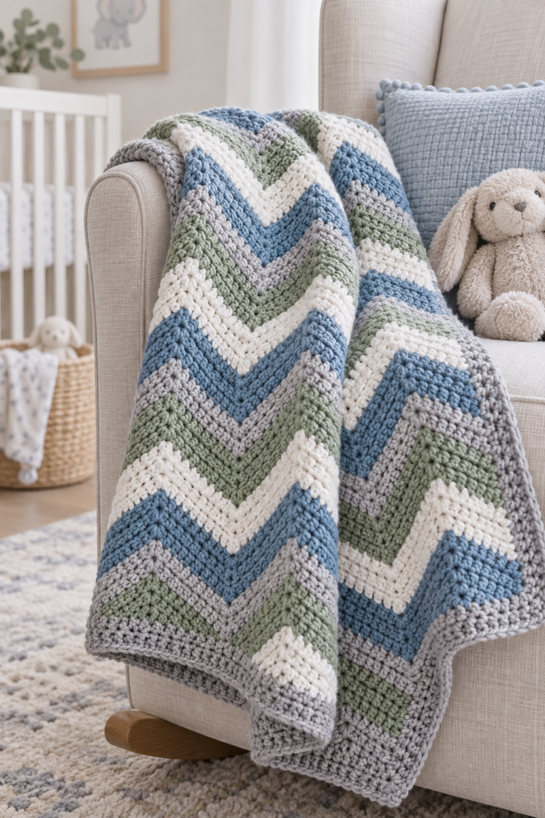 Modern herringbone baby blanket in blue green white and grey