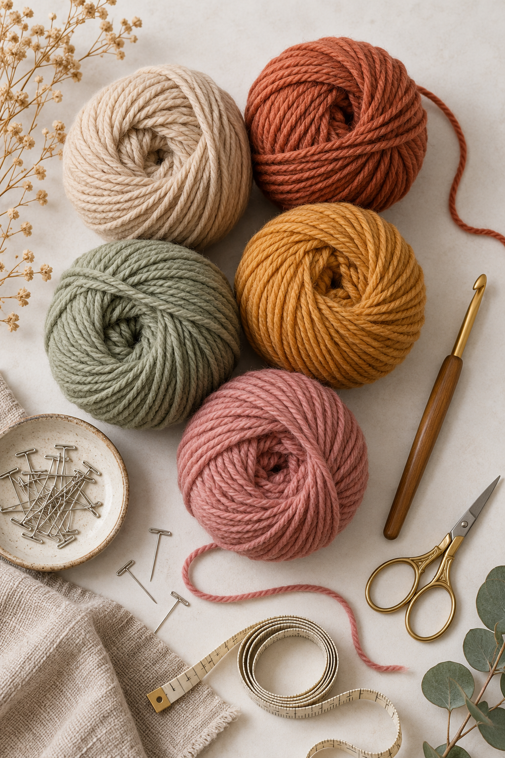 Yarn, crochet hook, scissors, pins and measuring tape for general project planning