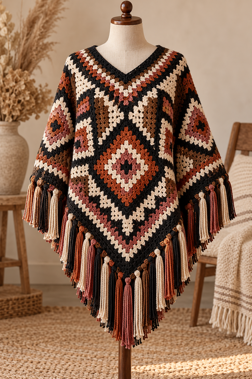 Finished geometric mosaic crochet poncho with fringe