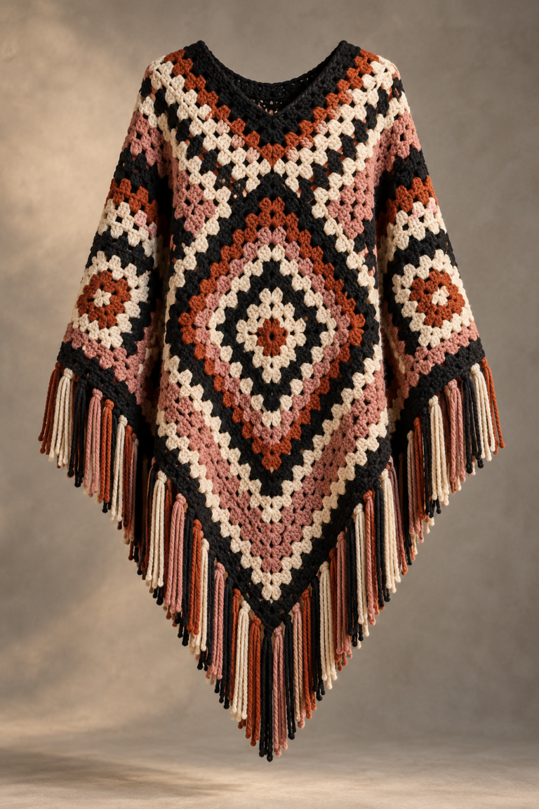 Finished geometric mosaic crochet poncho with fringe