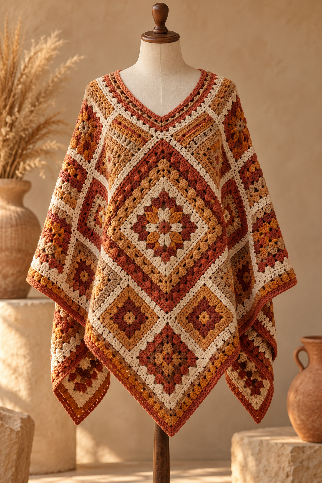 Inset mosaic crochet geometry on a Painted Desert poncho