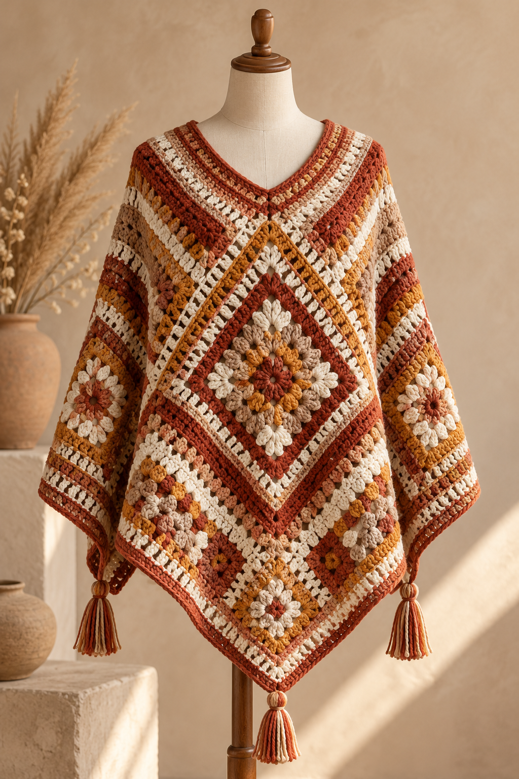 Alternating stripe bands in a mosaic crochet poncho