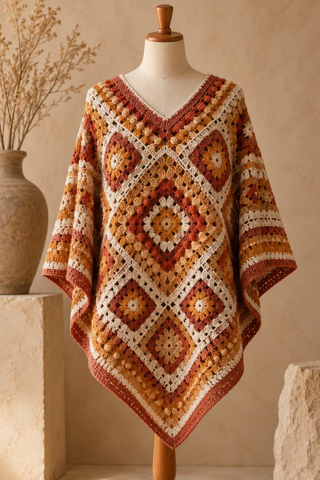 Approachable drape of a mosaic crochet poncho