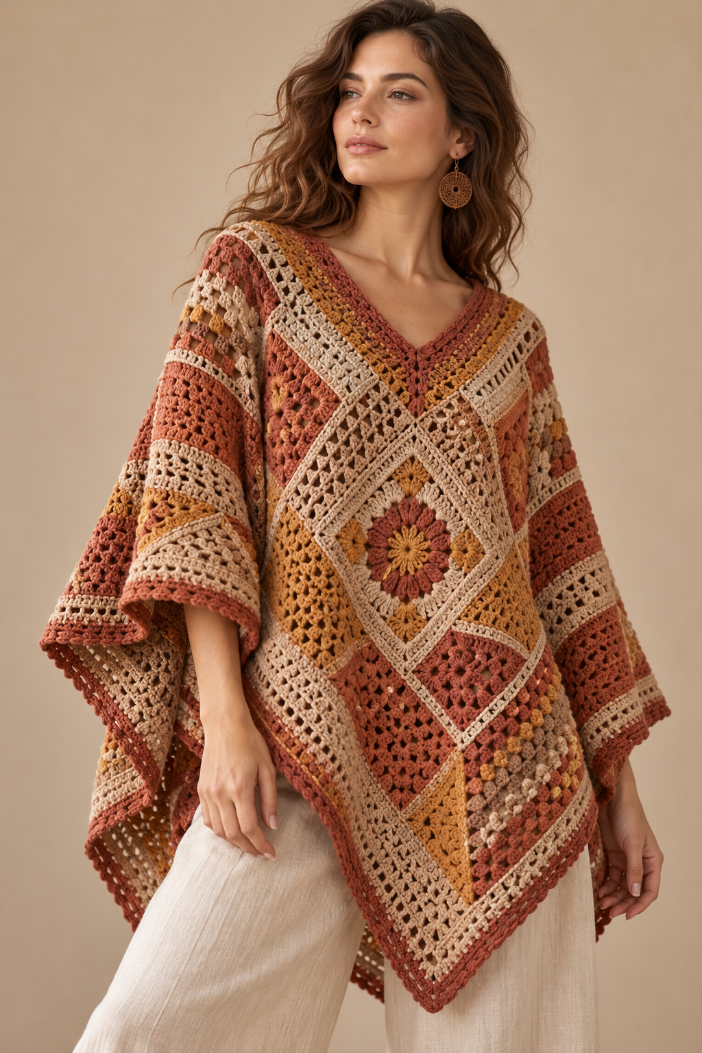 Finished poncho edge with stripes and fringe