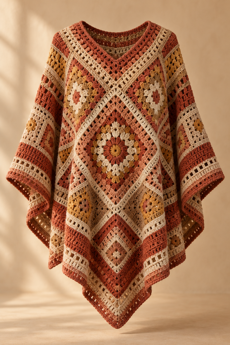 Painted Desert mosaic crochet poncho in warm desert colors