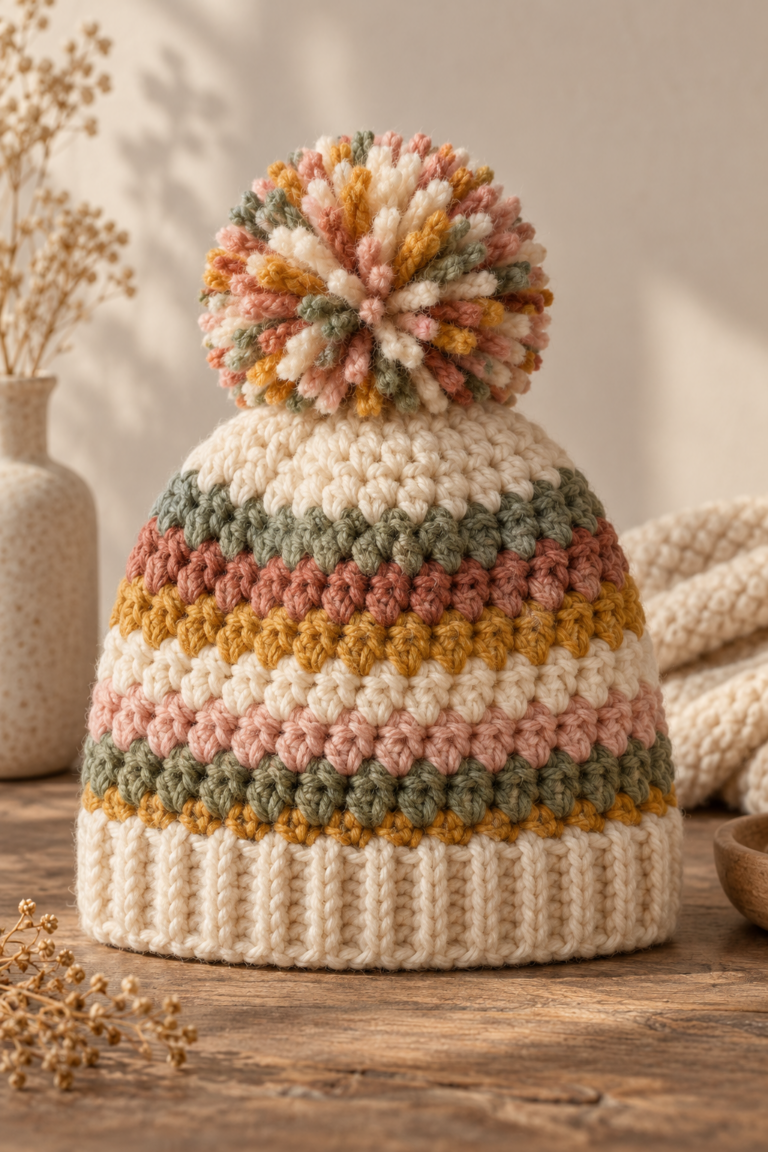 Pom pom beanie crochet pattern with soft textured stitches