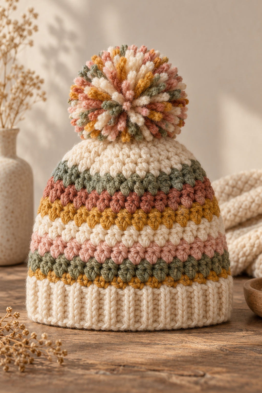 Pom pom beanie crochet pattern with soft textured stitches