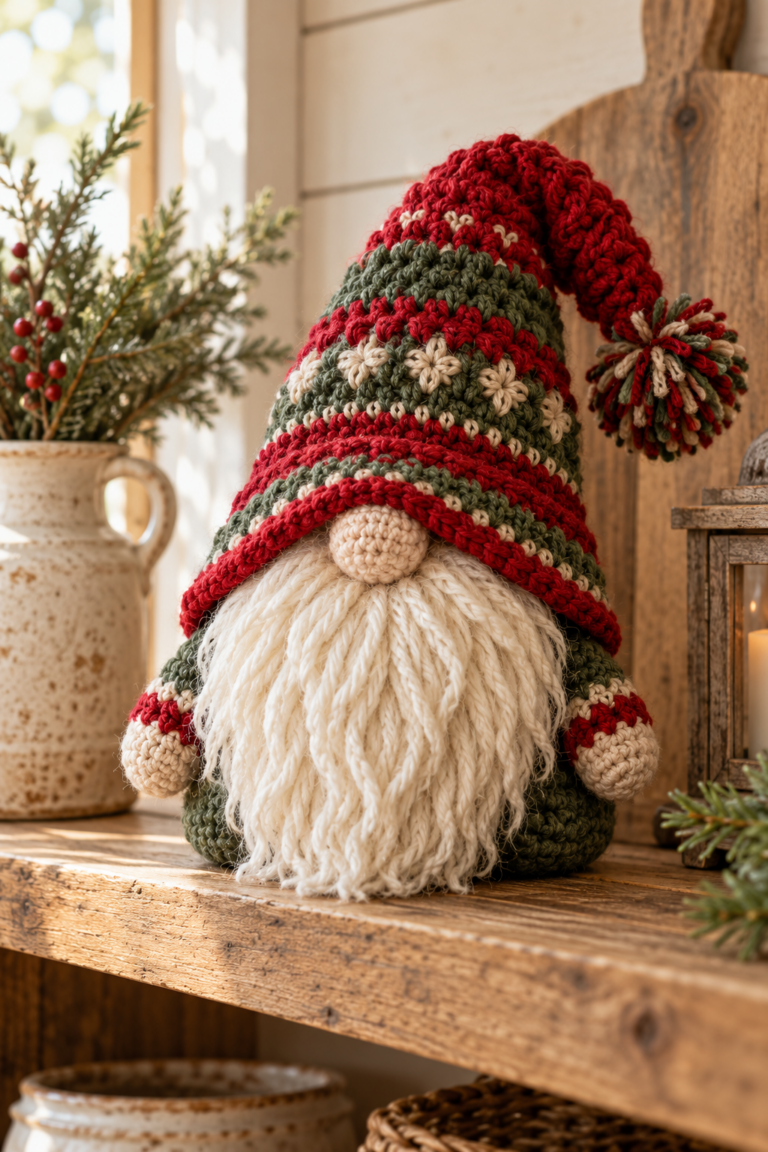 crochet gnome farmhouse decor with textured hat and beard