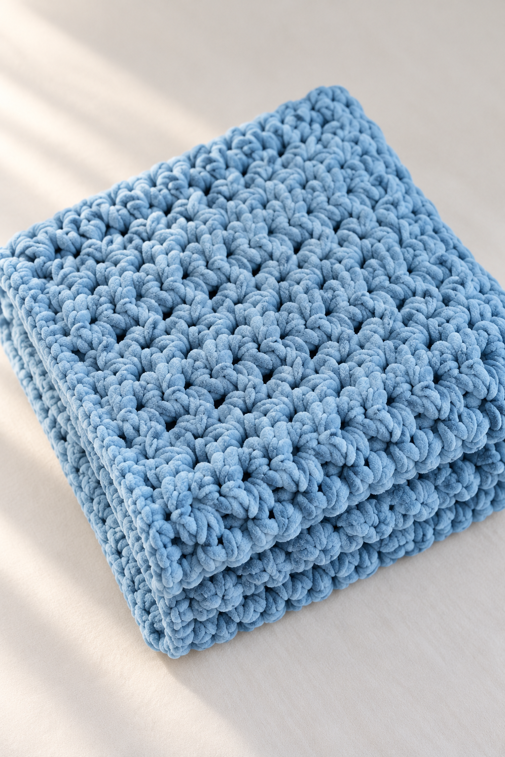 folded blue crochet blanket showing color and edge alignment