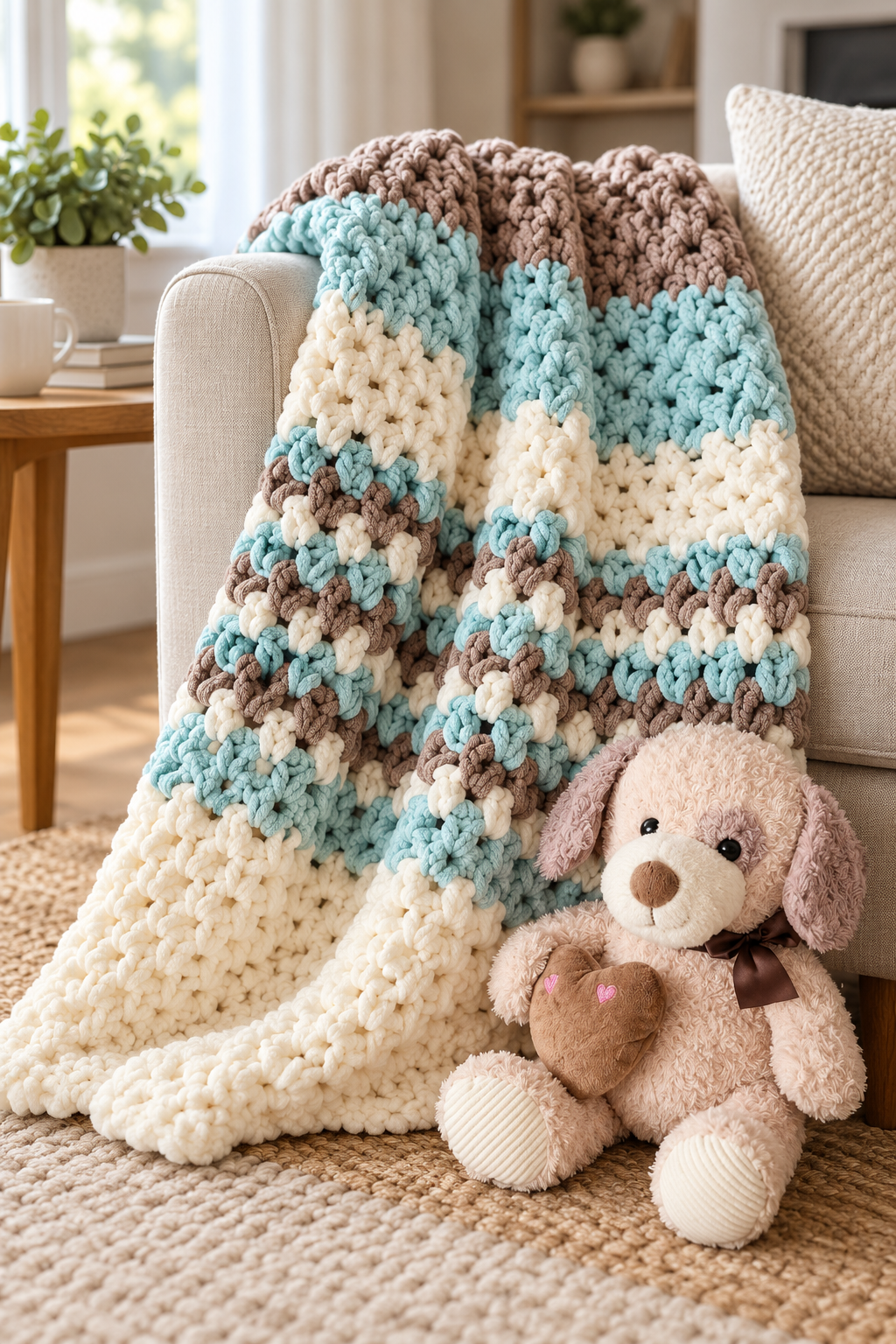 textured crochet blanket arranged in a cozy room