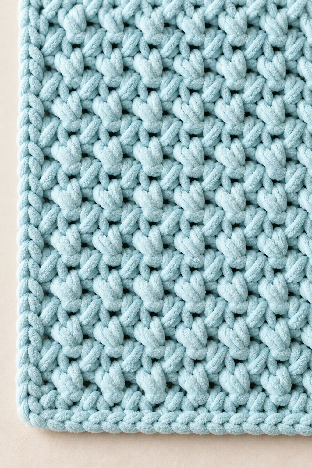 close view of blue crochet stitch texture and tidy edge