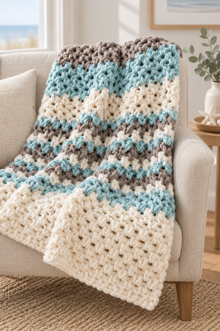 blue textured crochet blanket draped over a chair