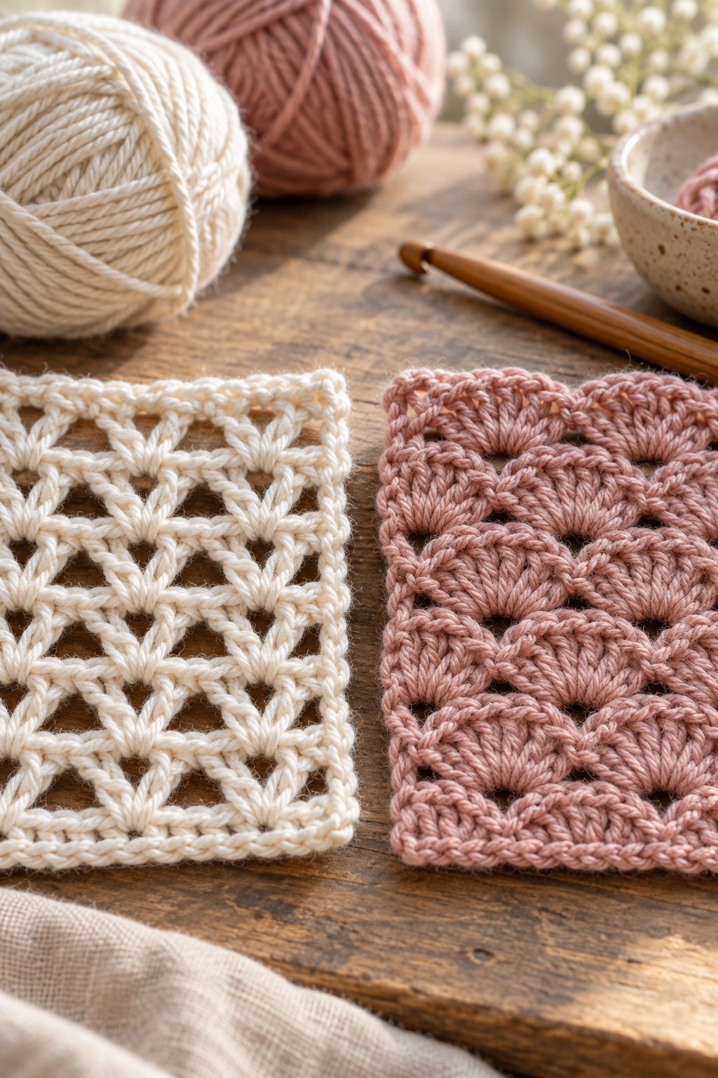 Shells and V-stitch crochet tutorial swatches showing open V stitches and fuller shell rows