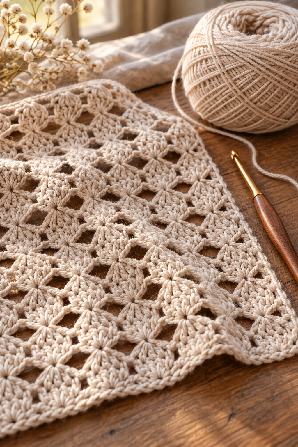 Airy crochet stitch fabric beside yarn and a hook