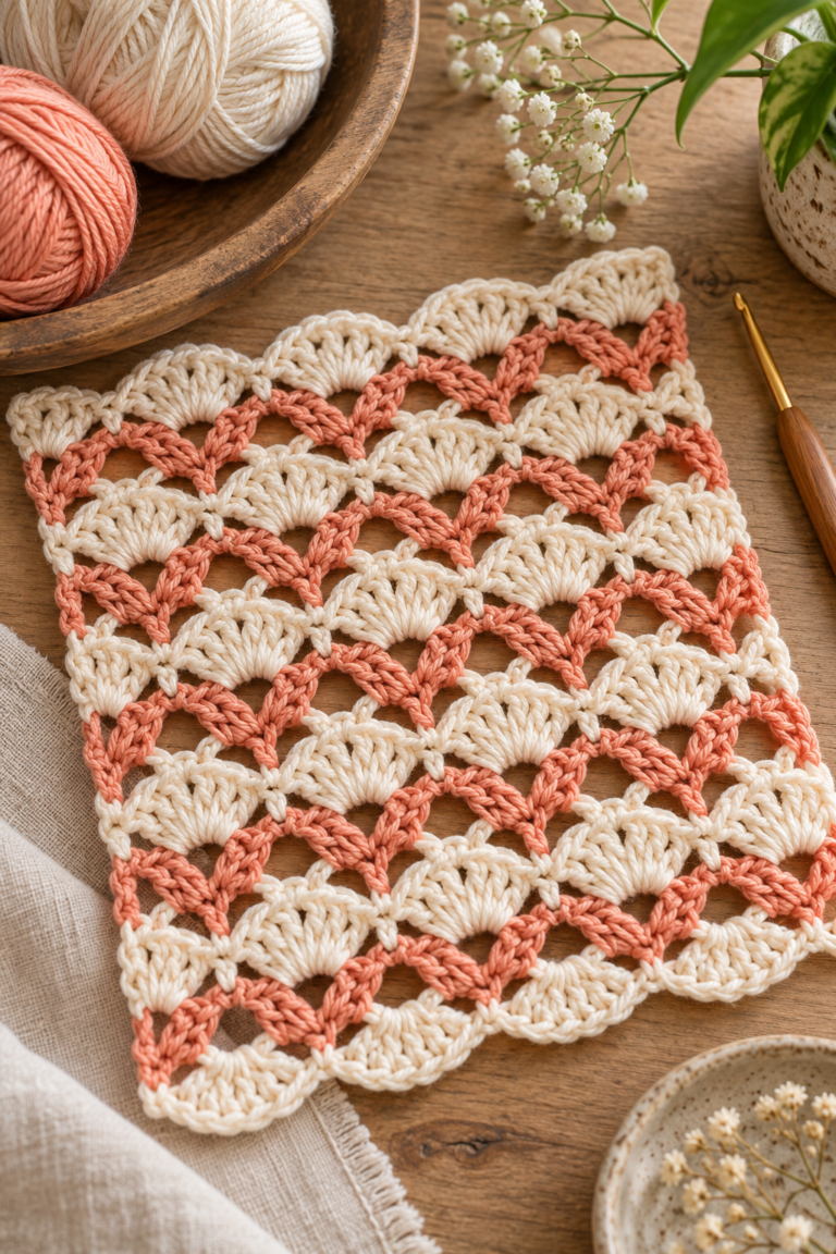 Airy shells and V-stitch crochet swatch with open spacing and textured shells
