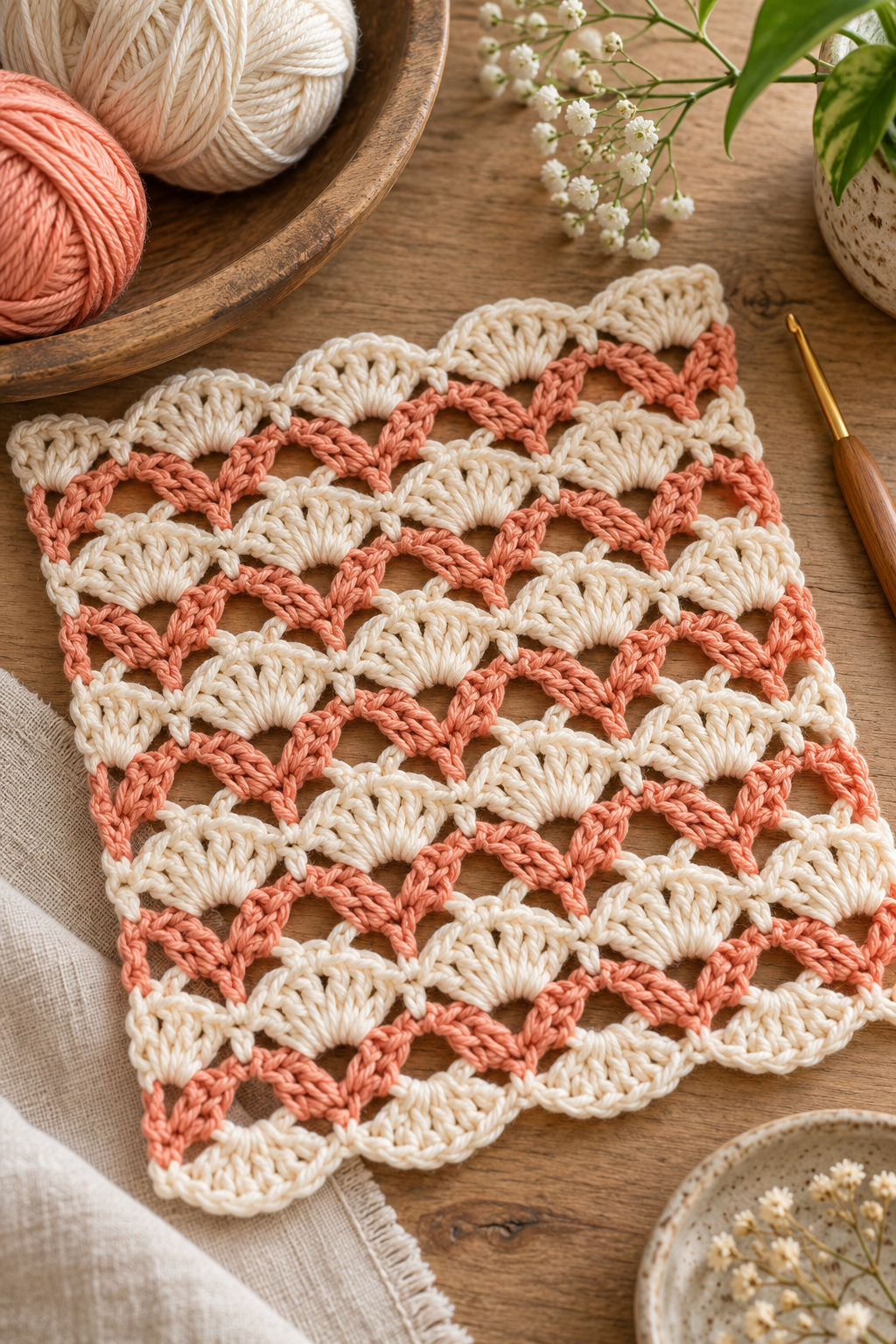Airy shells and V-stitch crochet swatch with open spacing and textured shells