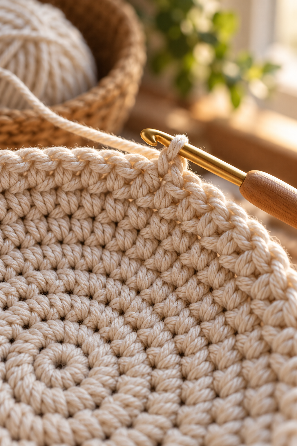 Close-up of crochet stitches worked in the round