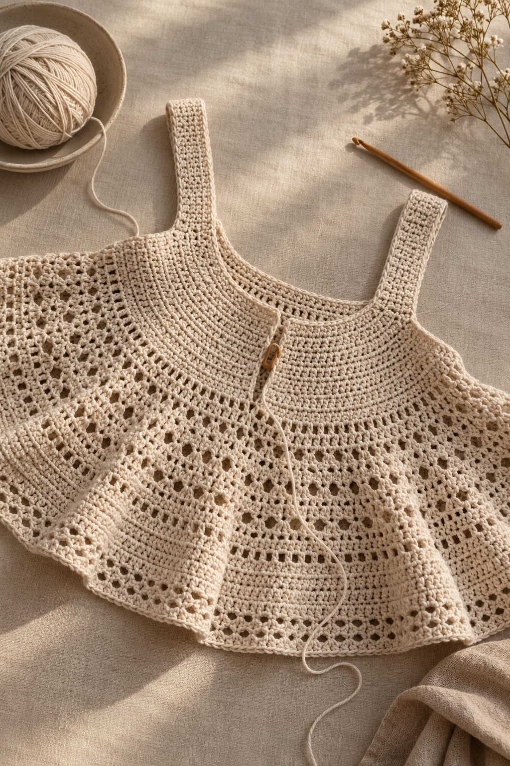 Shoulder straps joining a circular crochet garment