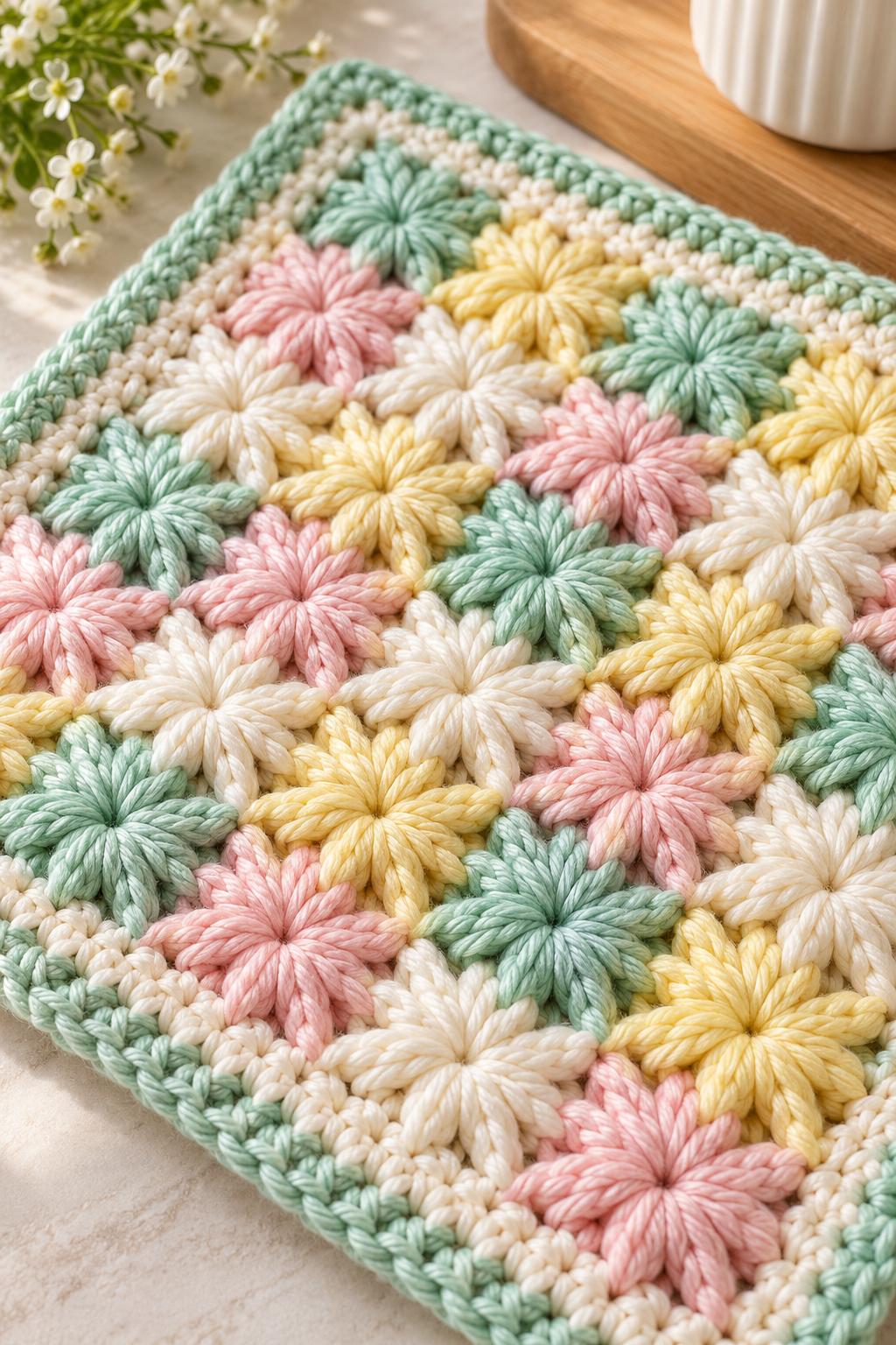 spring star stitch dishcloth crochet pattern showing comfortable scale and soft drape