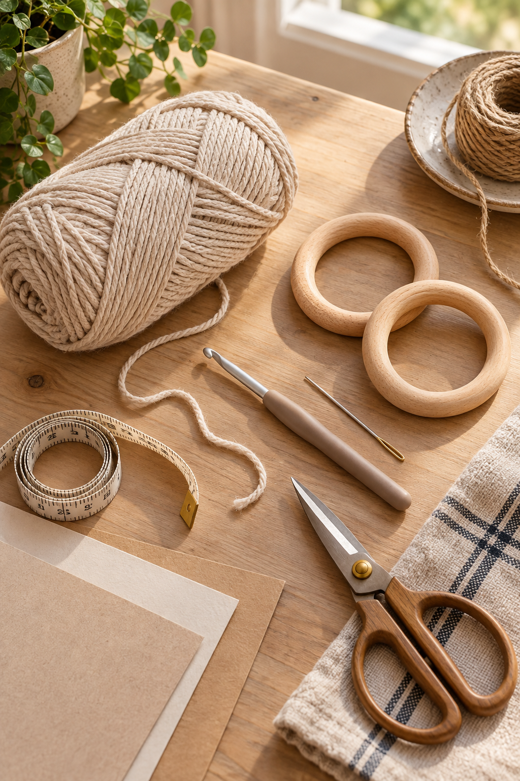 Yarn, crochet hook, wooden rings and tools for general towel-holder planning
