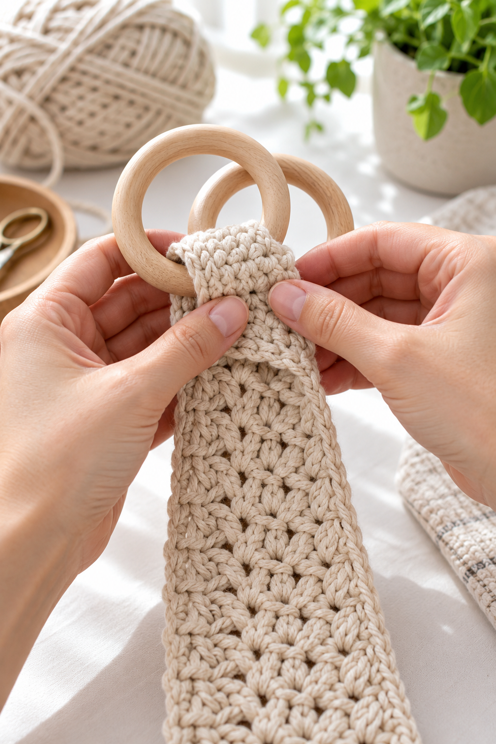 Illustration of crochet fabric positioned around a wooden ring