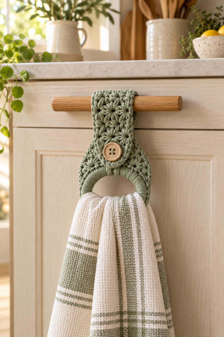 Finished star stitch towel holder securing a folded cotton towel
