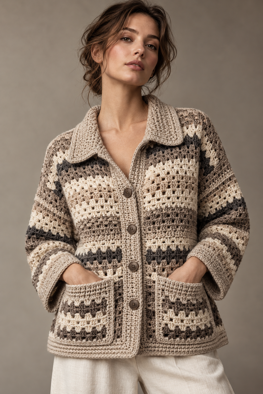 Suzette Ruana crochet pattern collar and pocket detail