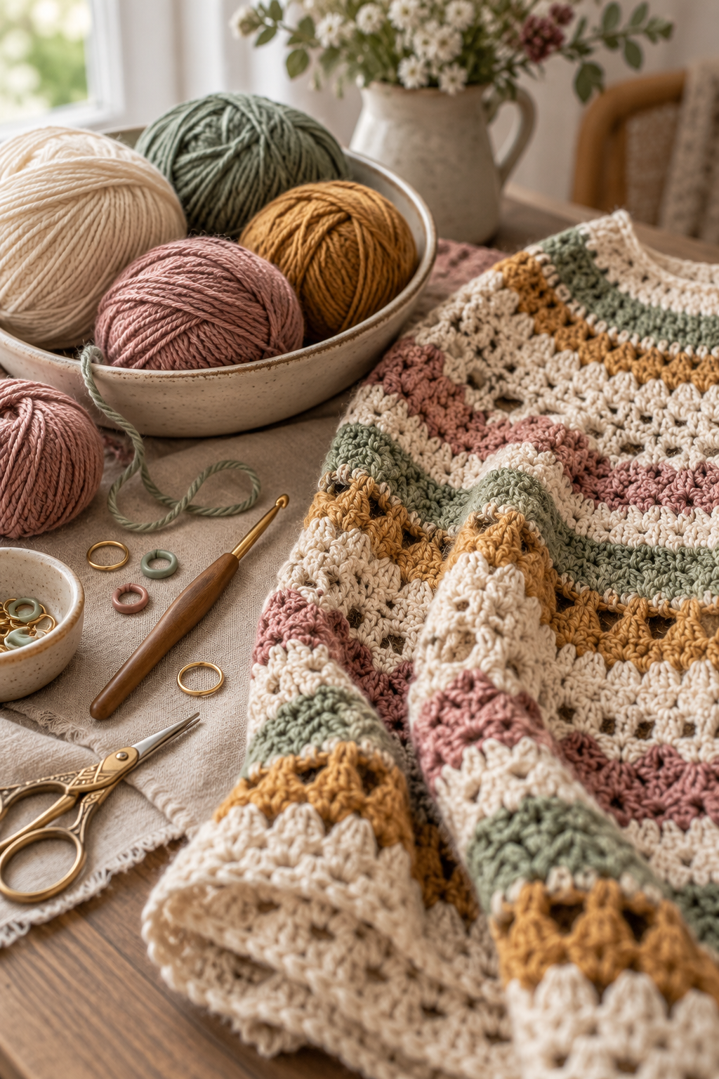 Suzette Ruana crochet pattern yarn and notions