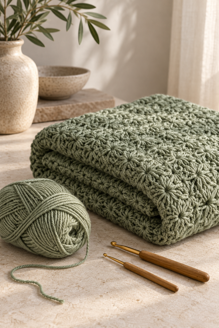 Sage green star stitch crochet blanket with yarn and hooks