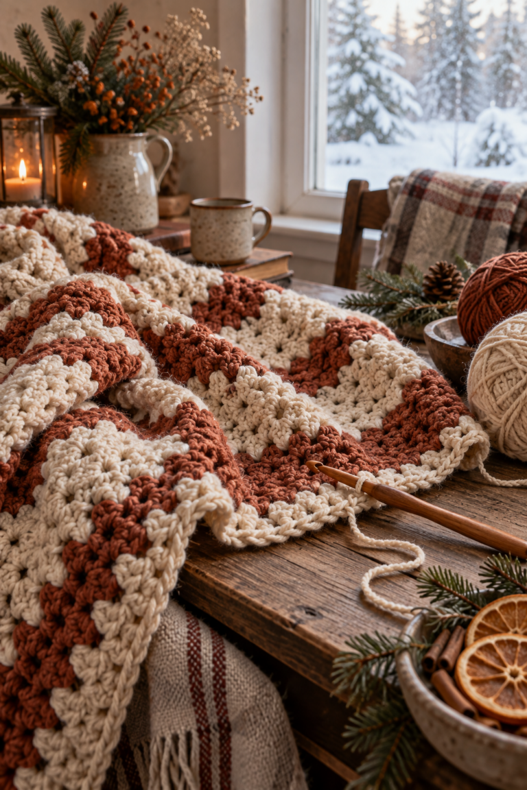 Winter crochet patterns arranged in a warm seasonal studio