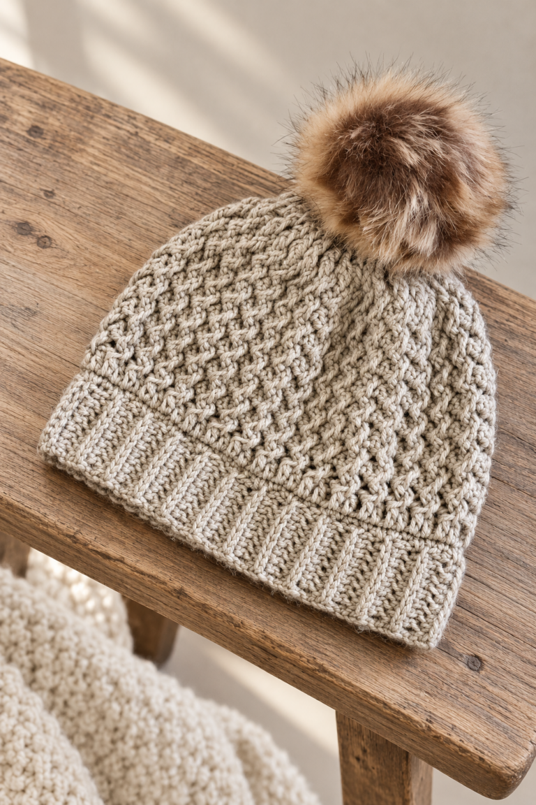 Winter crochet beanie with warm textured stitches
